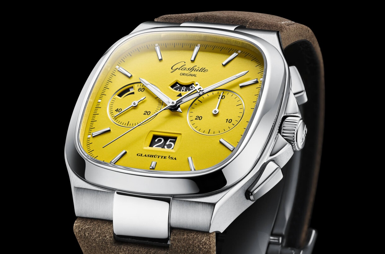 Sunny yellow The dial was manufactured in-house and is coated entirely with yellow varnish. Super-LumiNova highlights on the hour and minute hands and on the appliques ensure optimal legibility in the dark as well. Sunny yellow The dial was manufactured in-house and is coated entirely with yellow varnish. Super-LumiNova highlights on the hour and minute hands and on the appliques ensure optimal legibility in the dark as well.