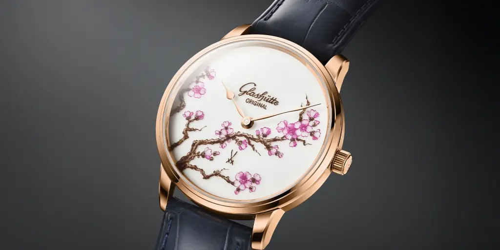Close view of the Meissen porcelain cherry-blossom dial