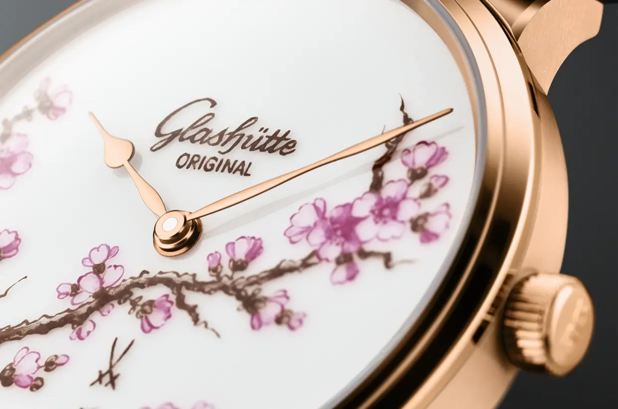 The watch's artisanal finishing in close-up.